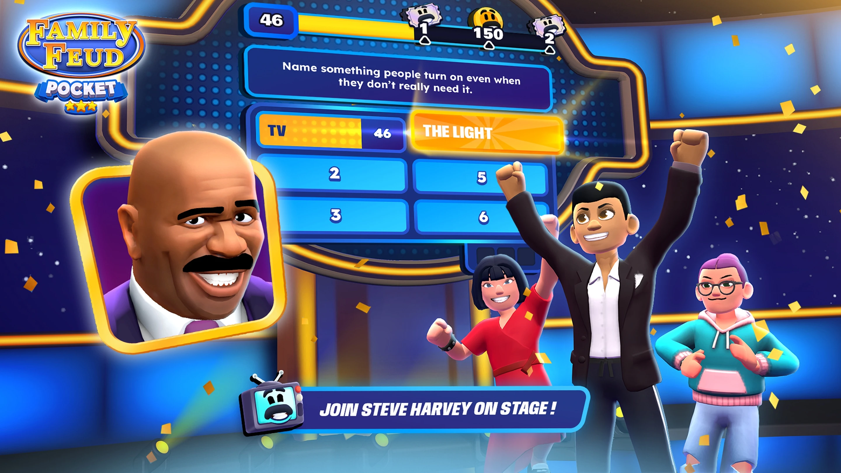 Family Feud PocketでSteve Harveyと回答者がクイズへ挑戦する公式画像
