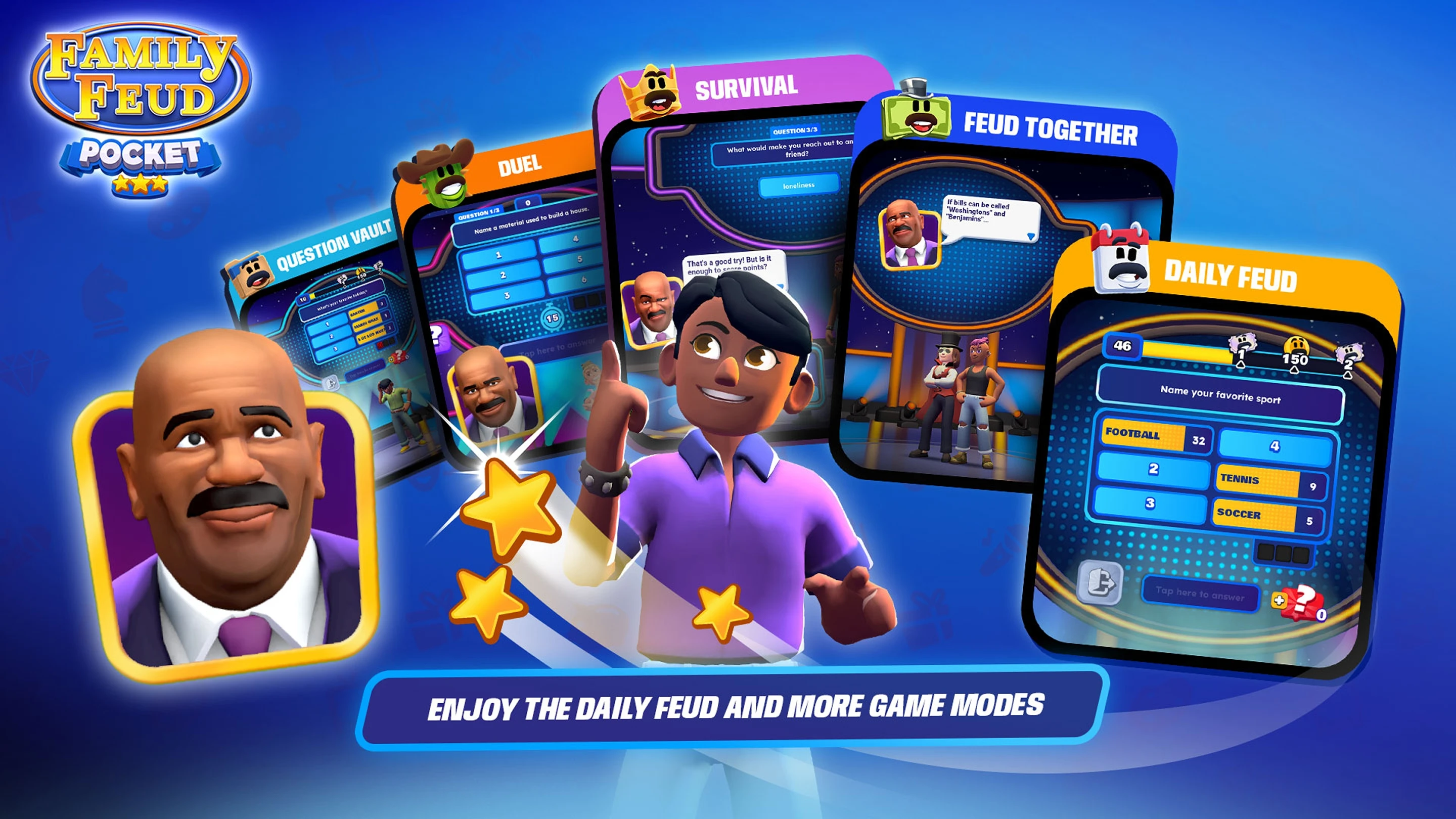 Family Feud PocketのDuelやSurvivalなど複数モードを紹介する公式画像