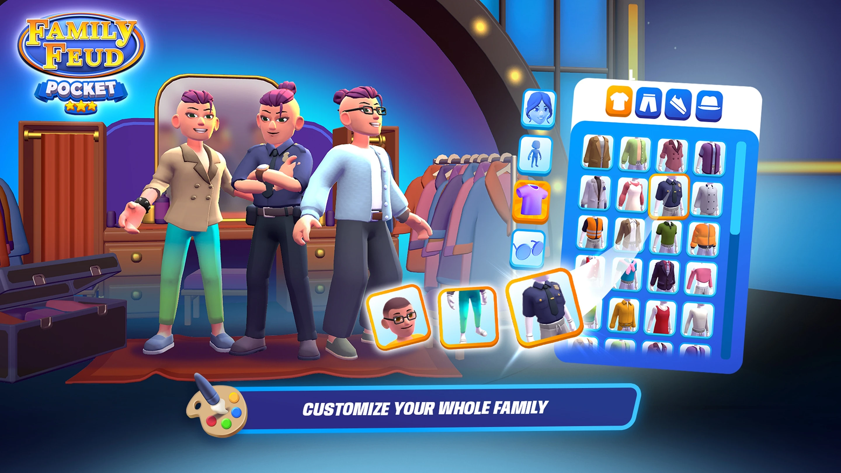 Family Feud Pocketで家族のアバターをカスタマイズする公式画像