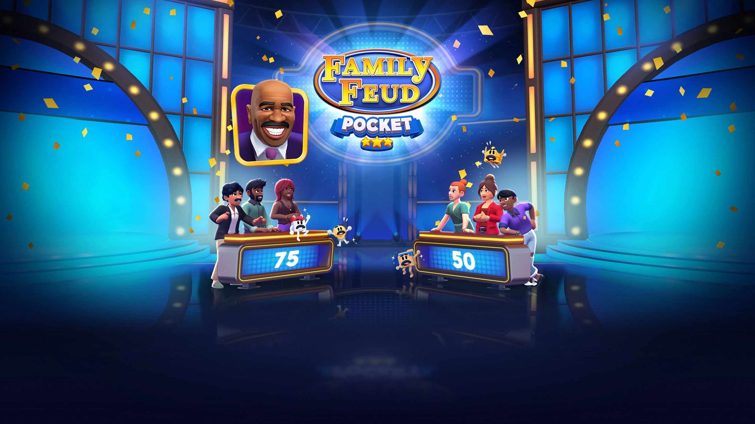 Family Feud PocketのタイトルとSteve Harveyや家族が集合した横長公式画像